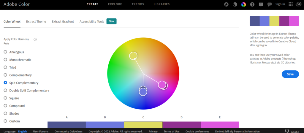 Adobe color helps you create color palettes, explore thousands of color combinations, and offer some amazing tools like contrast checker, extracting color and gradients from your image, etc.