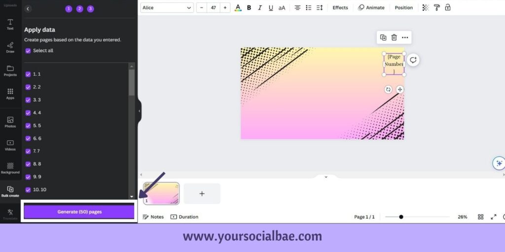 A simple trick on how to add page numbers in Canva using the Bulk Create feature